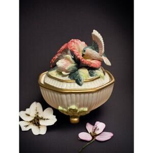 Fitz and Floyd Hummingbirds and Hibiscus Collection Trinket Box with Lid Vtg